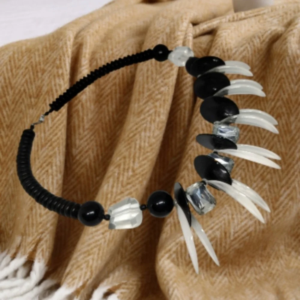 Black Beaded Necklace with Clear Rhinestones and Transparent Claws